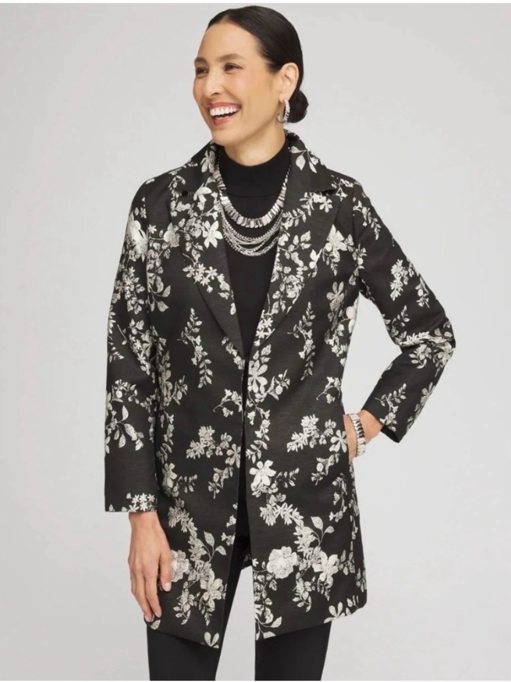 Chico’s Jaquard Black Cream Floral Open Front Limed Blazer small
